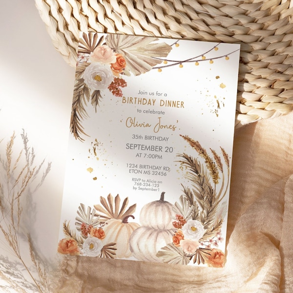 Fall White Pumpkins Pampas Grass Birthday Invitation, Autumn Palm Leaves Lights, Printable Dinner Party, Editable Template for Women