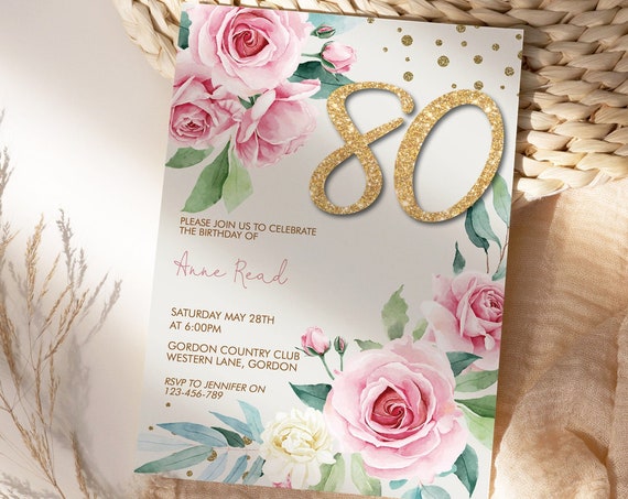 Any Age 50th 60th 70th 80th 90th 100th Birthday Baby Pink Gold Glitter Number Floral Invitation Template, Eighty Editable Party Invite Women