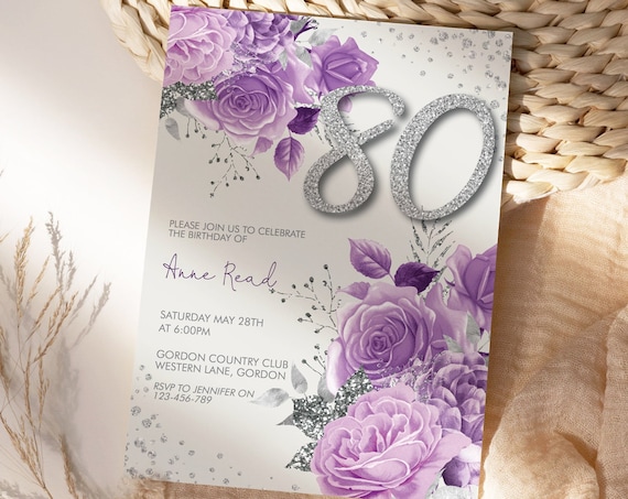 Any Age 50th 60th 70th 80th 90th 100th Birthday Mauve Silver Glitter Number Floral Invitation Template, Lilac Editable Party Invite Women