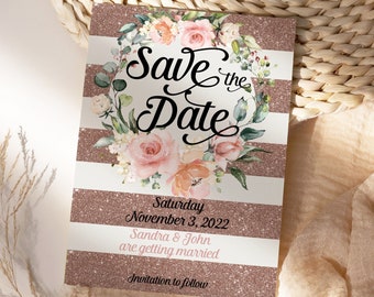 Rose Gold Floral Save the Date Card: Rustic Pink Roses (Digital Download)