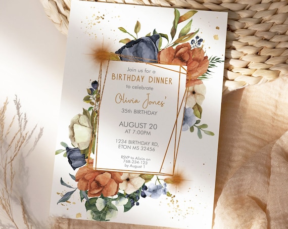 Fall Rust Floral Gold Foliage Birthday Invitation,  Autumn Leaves Copper Invitation, Printable Lunch Party, Editable Template for Women