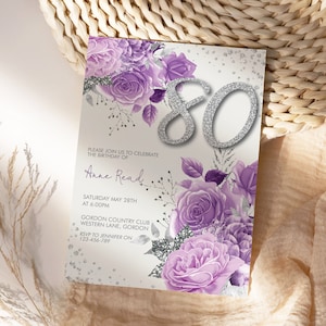 N'importe quel âge 50e 60e 70e 80e 90e 100e anniversaire Modèle d'Invitation florale numéro mauve paillettes argent, lilas modifiable fête inviter les femmes