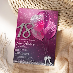 DIY Any Age Birthday Pink Balloons Silver Glitter Number Invitation Printable Template, Fuchsia Editable Drinks Party Invite, Holo Glitter