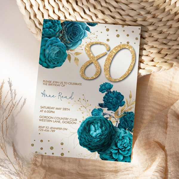 Any Age 50th 60th 70th 80th 90th 100th Birthday Teal Gold Glitter Number Floral Invitation Template, Turquoise Editable Party Invite Women