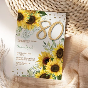 Any Age 50th 60th 70th 80th 90th 100th Birthday Sunflower Gold Glitter Number Floral Invitation Template, Yellow Editable Party Invite Women