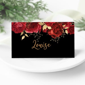Sjabloon zwarte rode roos bloemen placecard, doe-het-zelf bewerkbare kaarten, afdrukbare tafelinstelling, verjaardagsdiner kaart downloaden, goudrode placecard