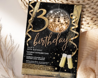 DIY Any Age Birthday Gold Glitter Disco Ball Invitation Printable Template, Black Glam Mirror 80s Retro Dinner Drinks Party Invite Women