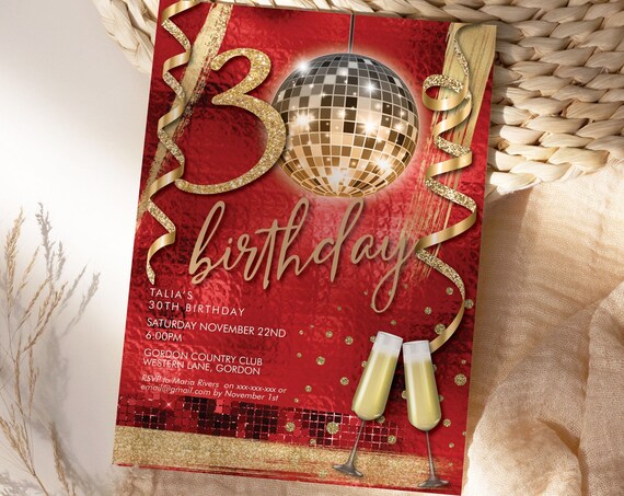 DIY Any Age Birthday Gold Glitter Disco Ball Invitation Printable Template, Red Scarlet Mirror 80s Retro Dinner Drinks Party Invite Women