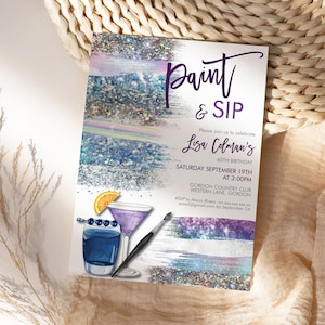 Paint and Sip Purple Silver Holographic Invitation Printable, Drinks Editable Birthday Women,  Cocktails Champagne Holo Glitter Paint Party