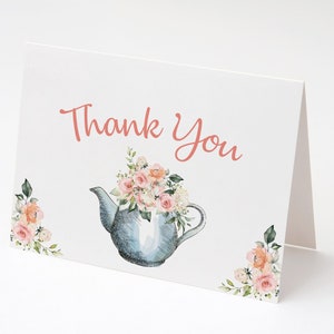 SOFORTIGER DOWNLOAD - Dankeskarte, Teekanne Blumen, druckbare Dankeskarte, rosa Rosen Danke, Babyparty, Brautparty, gefaltete Karte