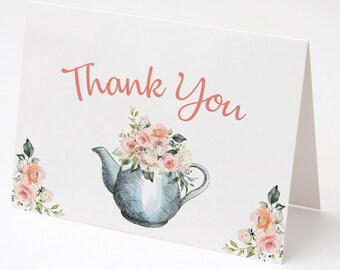 Teapot Floral Thank You Card: Pink Roses (Printable Digital Download)