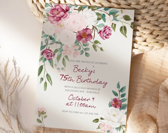Country Roses Pink Birthday Brunch Invitation Printable Template, Editable Morning Afternoon Tea, Lunch, Dinner, Printable High Tea Card