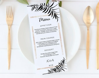 Black & Gold Leaves Menu, DIY Editable Menu, Menu Cards, Printable Menu, Tropical Wedding Menu, Party Menu, Menu Download, Birthday Menu