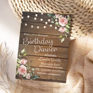 Fai da te qualsiasi età compleanno rustico legno rosa invito stampabile modello, modificabile fienile cena invito, country blush luci floreali