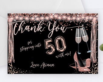 Stepping Into 30 40 50 60 70 Thank You Card, Editable Thanks Birthday, Rosegold Thank You Champagne, Glitter Shoes, Streamers Thanks Card