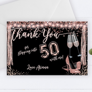 Carte de remerciement 30 40 50 60 70, anniversaire de remerciements modifiable, champagne de remerciement or rose, chaussures à paillettes, carte de remerciement banderoles