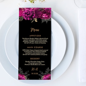 Menu de mariage floral rose vif or noir, menu modifiable DIY, cartes de menu, menu de mariage imprimable, téléchargement de menu de nourriture de fête, menu de fleurs