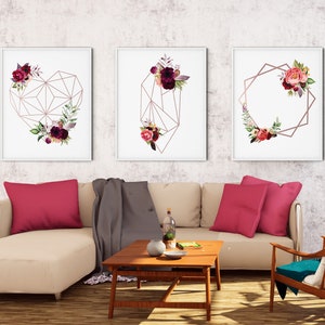 Rose Gold Geometric Fall Floral Art Print Set | Printable Fall Art | Art Print | Botanical Wall Art | DIY Bedroom Wall Art | Set 3 Prints