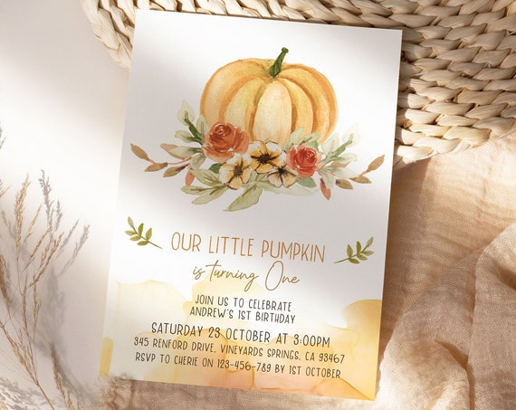 Fall Orange Pumpkin Birthday Invitation for baby, First Birthday Invite Gender Neutral, Autumn Invitation, Floral DIY Printable Template