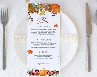 Thanksgiving Dinner Menu, DIY Editable Menu, Menu Cards, Printable Menu, Floral Pumpkin Menu, Turkey Day Menu, Menu Download, Flowers Menu