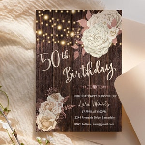 50th Cream Floral Wood Birthday Invitation Printable Template, Rustic Editable Birthday Party Invitation for Women, Printable Fifty Party