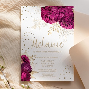 Hot Pink Gold Glitter Blumen Geburtstagseinladung Druckbare Vorlage, Magenta Blume Bearbeitbar Party Dinner Frauen, Hell Jedes Alter Weiß einladen