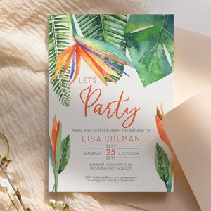 Any Age Birthday Invitation Printable Template, Lets Party Editable Birthday Invitation for Women, Printable Tropical Leaves Invitation