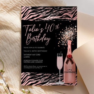 Pink Tiger Champagne Rosegold Glitter Invitation Printable Template, Safari Wild Drinks Glitter Editable Birthday Party Women Printable Card