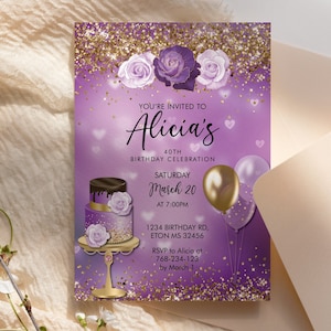 Jedes Alter Geburtstag Flieder Lila Gold Glitter Kuchen Luftballons Einladung druckbare Vorlage, Mauve bearbeitbare Blumenfrauen, Lavendelrosen