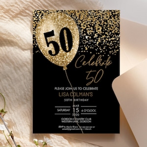 DIY 50e verjaardag ballonuitnodiging afdrukbare sjabloon, zwart gouden glitter bewerkbare verjaardagsuitnodiging voor vrouwen, afdrukbaar feest