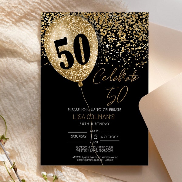 DIY 50th Birthday Balloon Invitation Printable Template, Black Gold Glitter Editable Birthday Party Invitation for Women, Printable Party