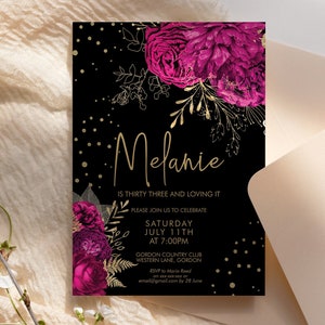 Modello stampabile per invito di compleanno floreale con glitter oro rosa caldo, modello per cena di festa con fiori magenta modificabile per donne, invito nero brillante per qualsiasi età