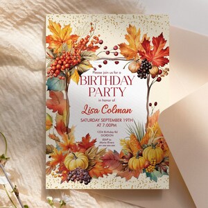 Fall Birthday Invitation: Pumpkins, Leaves, Gold Glitter (Editable Template)