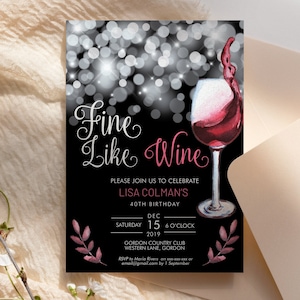 Wine Birthday Invitation Printable Template, Black White Sparkle Editable Birthday Party Invitation for Women, Printable Red Wine Invite