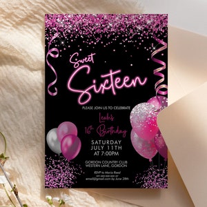 Sweet Sixteen Neon Pink Glitter Geburtstag Luftballons Einladung druckbare Vorlage, Hot Pink 16th bearbeitbare Party Frauen, Magenta Ribbon Card