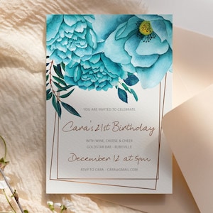 Grand modèle imprimable d'invitation d'anniversaire de fleur aquarelle bleu aqua, carte florale d'invitation modifiable pour tous les âges
