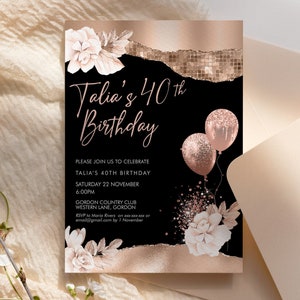 Rose Gold Geburtstag Blumenballons Einladung druckbare Vorlage, Creme Blumen Glitter bearbeitbare Partyeinladung für Frauen, druckbare Karte