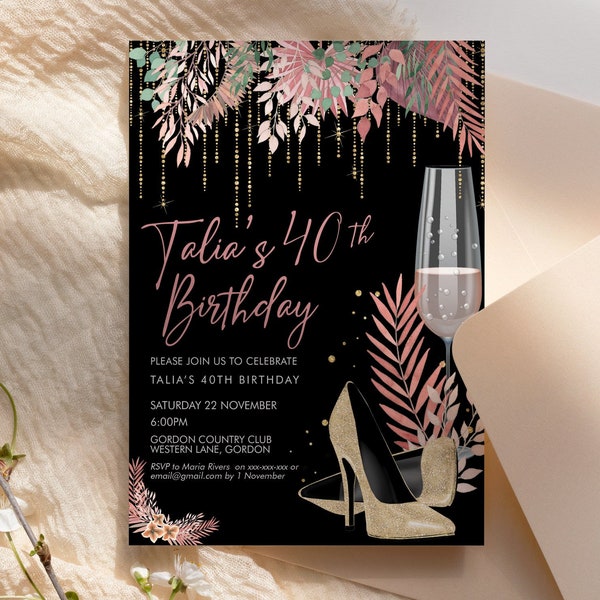 Boho Gold Stiletto Champagne Birthday Invitation Printable Template, Black Gold Glitter Shoes Editable Party for Women, Any Age Invite