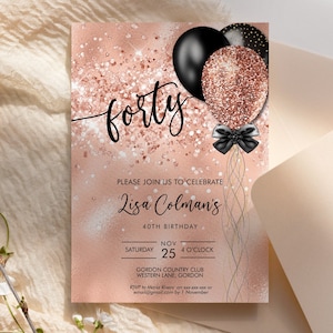 Rosegold Glitter Birthday Invitation: Editable Balloon Party (Printable Template)