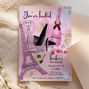 Paris Birthday Invitation Template: Pink Heels, Champagne (Printable File)