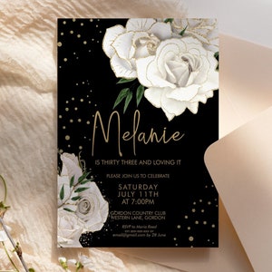 White Gold Glitter Floral Birthday Invitation Printable Template, Ivory Flower Editable Party Dinner Women, Pastel Any Age Black Invite