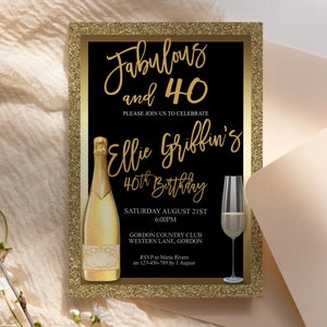 Jedes Alter Gold-Geburtstags-Champagnerglas-Einladung druckbare Vorlage, Glitzerfolie Bearbeitbare Geburtstagsessen-Einladung Frauen, druckbare Karte