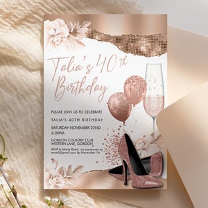 Convite de aniversário com balões de salto alto em ouro rosa, modelo branco, flores creme com glitter, convite editável para mulheres, cartão para impressão