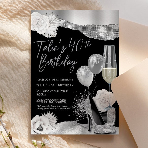Silver Birthday Heels Balloons Invitation Printable Template, White Flowers Glitter Editable Party Invitation for Women, Printable Card