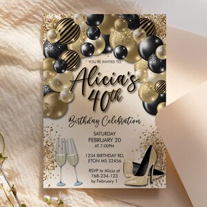 DIY Jedes Alter Geburtstag Schwarz Gold Heels Ballon Bogen Glitter Einladung druckbare Vorlage, Champagner bearbeitbare Partyeinladung für Frauen