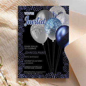 Modelo de convite para aniversário com balões azuis prateados para impressão, convite para festa de aniversário editável com glitter cinza prateado, cartão unissex para impressão