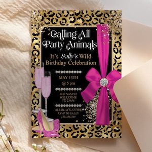 Hot Pink Gold Glitter Leopard Birthday Bows Heels Invitation Printable Template, Magenta Party Animal Editable Party Invite, Printable Card