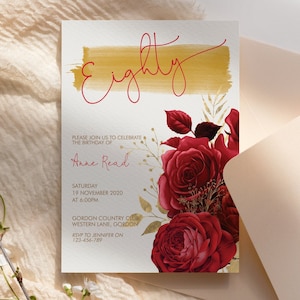 80th Birthday Red Gold Floral Invitation Printable Template, Eighty Editable Birthday Party Invitation for Women, Printable Eighty Party