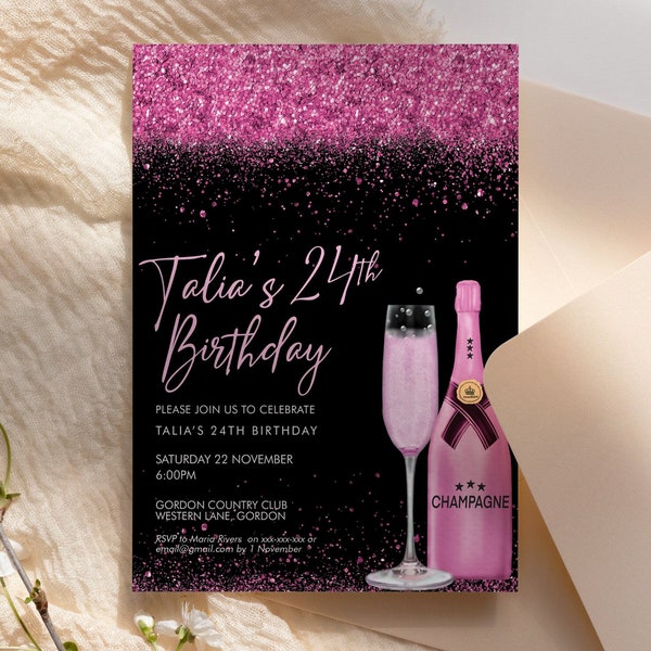 Magenta Pink Champagner Glitter Einladung druckbare Vorlage, Getränke Glitter bearbeitbare Geburtstagsfeier-Einladung für Frauen, druckbare Karte