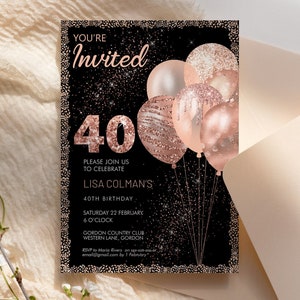 Any Age Rose Gold Birthday Balloons Invitation Printable Template, Black Glitter Editable Birthday Party Invitation Women, Printable Card